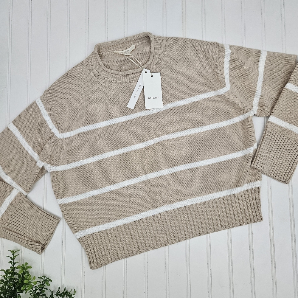 Brit.ny Sweater NWT Cotton Tan Stripes size Small Cozy Office Attire Neutral